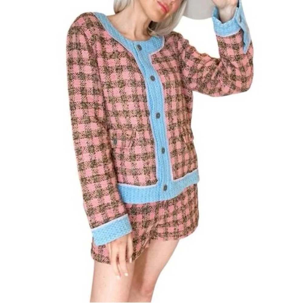 Mystree Tweed Jacket and Shorts Set Women's S/M Pink Plaid